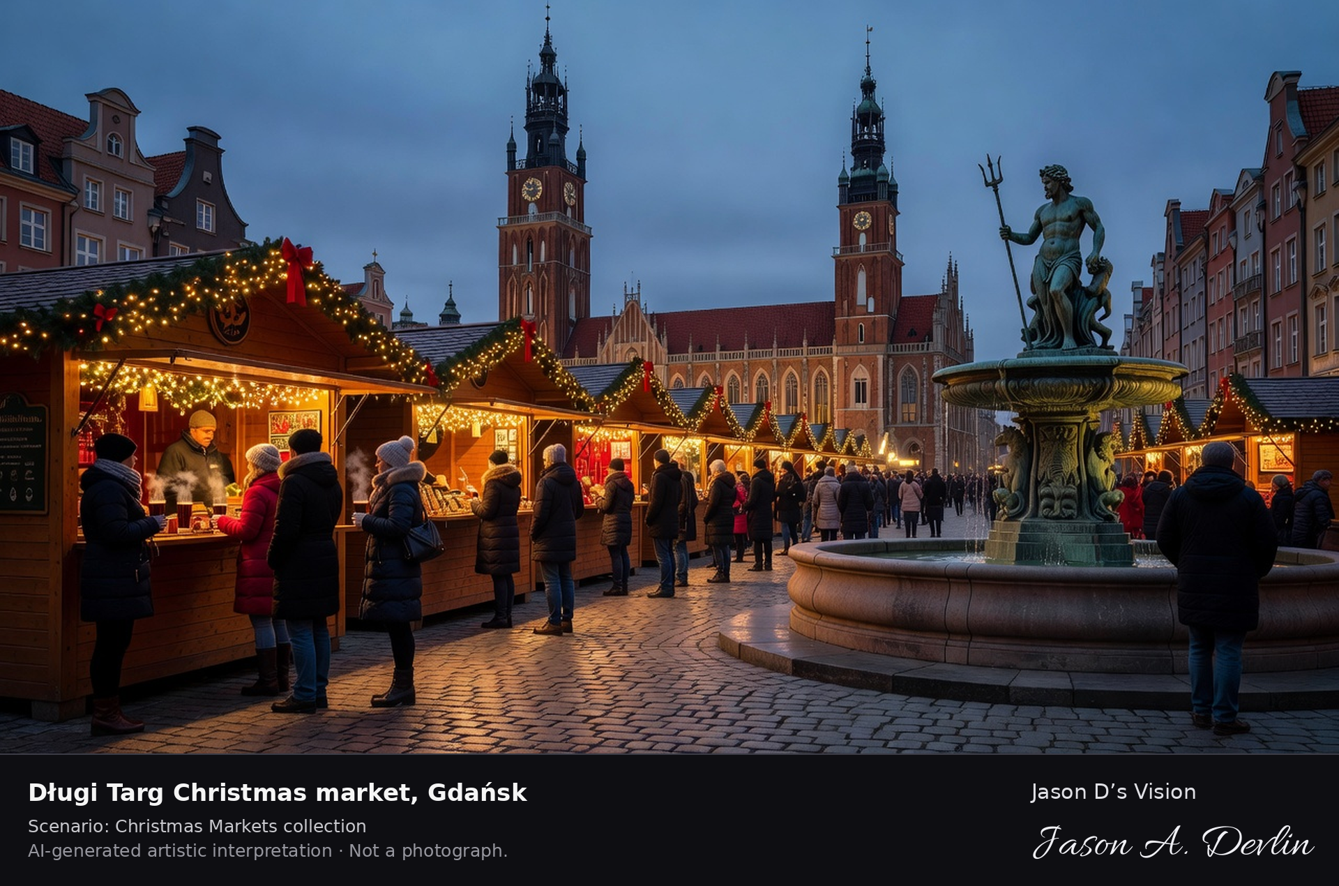 AI-generated artistic interpretation of Długi Targ Christmas market, Gdańsk, Poland.