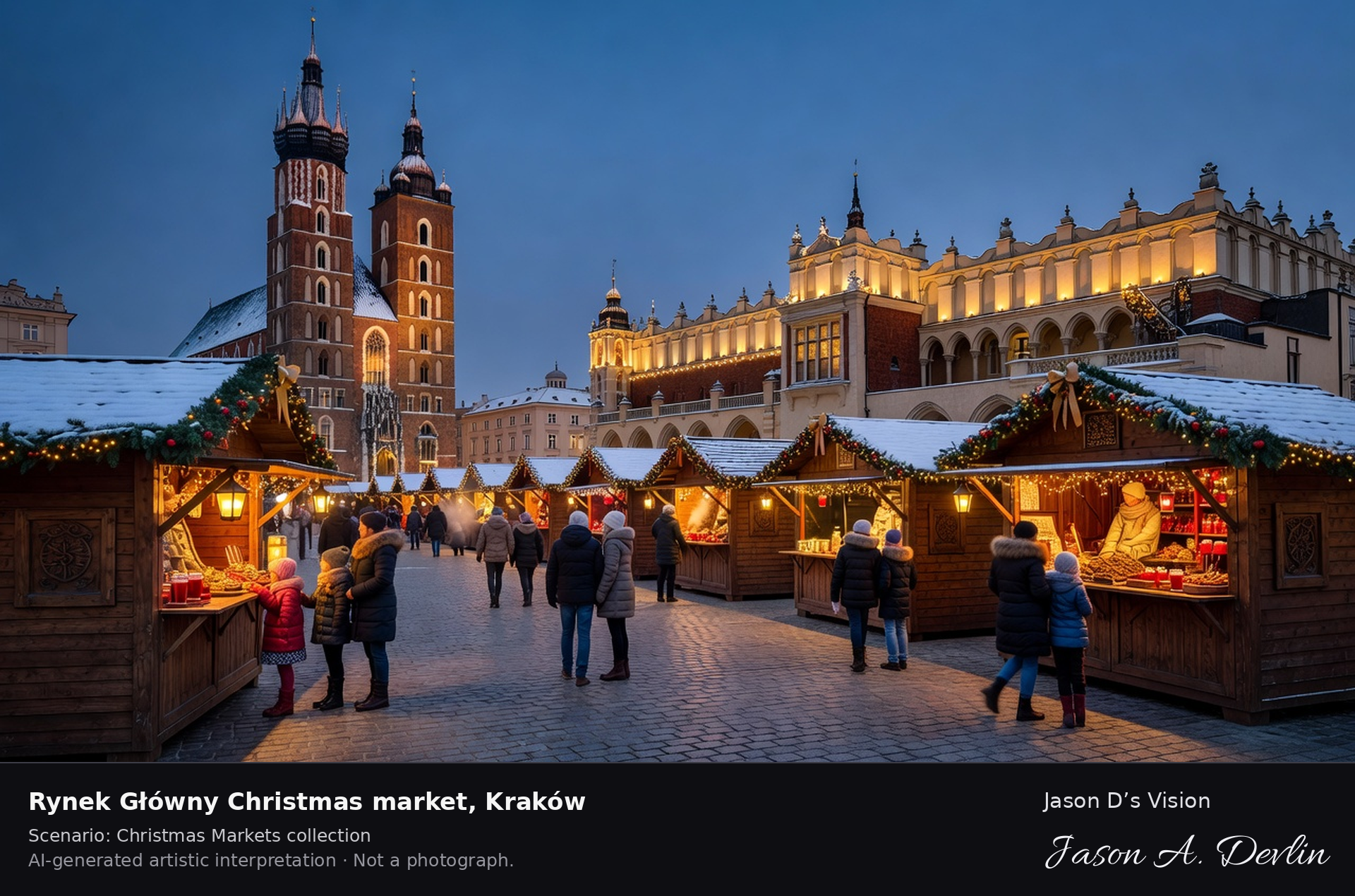 AI-generated artistic interpretation of Rynek Główny Christmas market, Kraków, Poland.